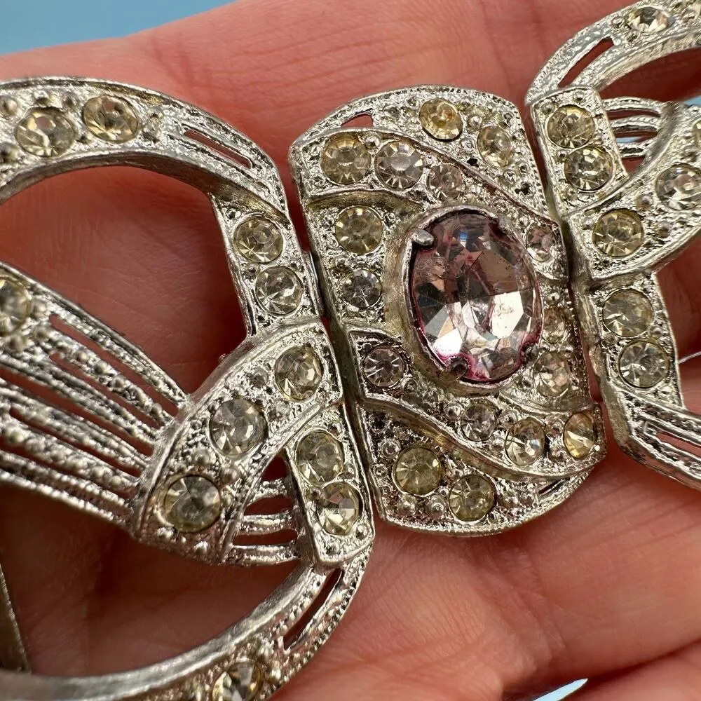 Antique Art Deco Nouveau Interlocking Belt Buckle Lot Clear Rhinestone Pot Metal